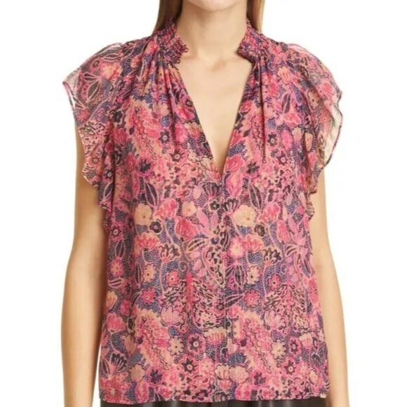 A.L.C. Brown/Pink 100% Silk Hayley Floral Metallic Blouse Size 4 - Picture 1 of 11
